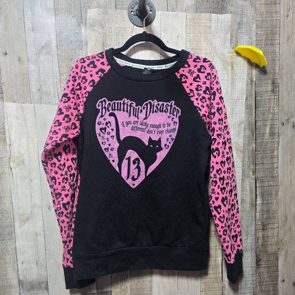 Beautiful Disaster Black Pink Graphic Fleece Sweatshirt Medium Goth Alt Punk Emo